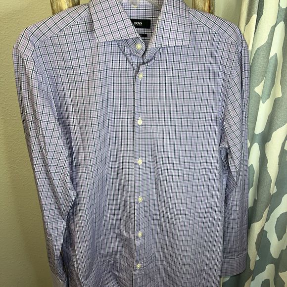 Boss‎ Hugo Boss Man’s Sharp Fit Purple Plaid Print Long Sleeve Shirt 15.5 32/33 - Picture 5 of 6